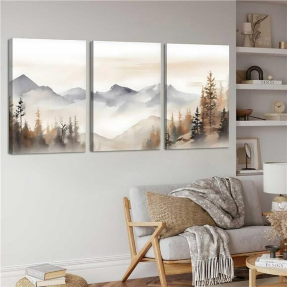 Neutral Mountain Wall Art Set Framed Abstract Forest Canvas for Living Room - Picture 5 of 7